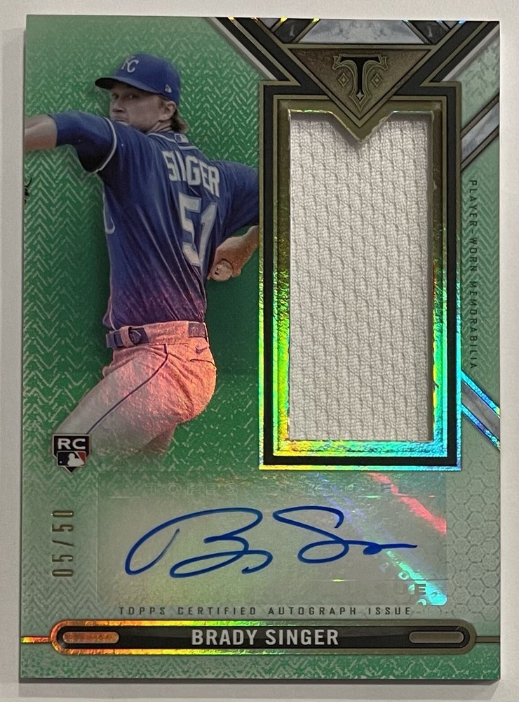 Brady Singer RC Emerald Rookie Jumbo Relic Auto /50 2021 Topps Triple Threads KC