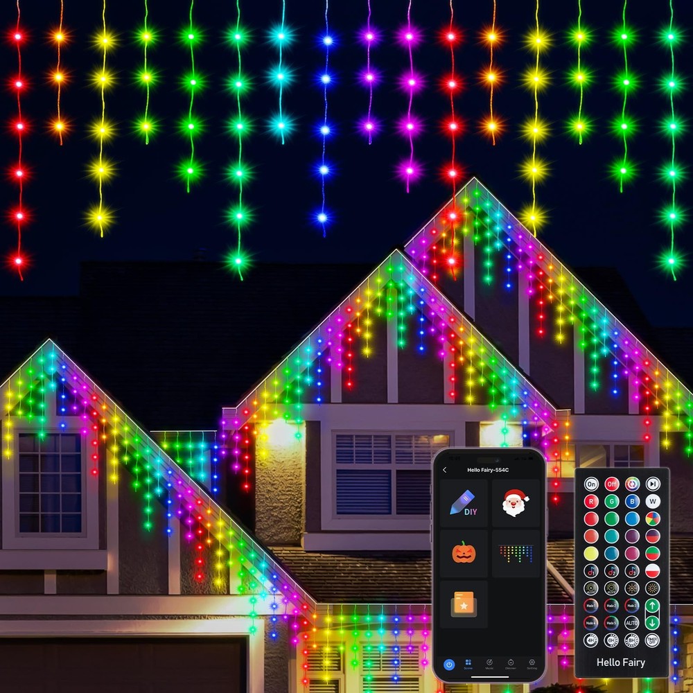 LED Christmas Icicle Lights Outdoor Dripping Ice Cycle Lights, 98ft Fairy Lig...