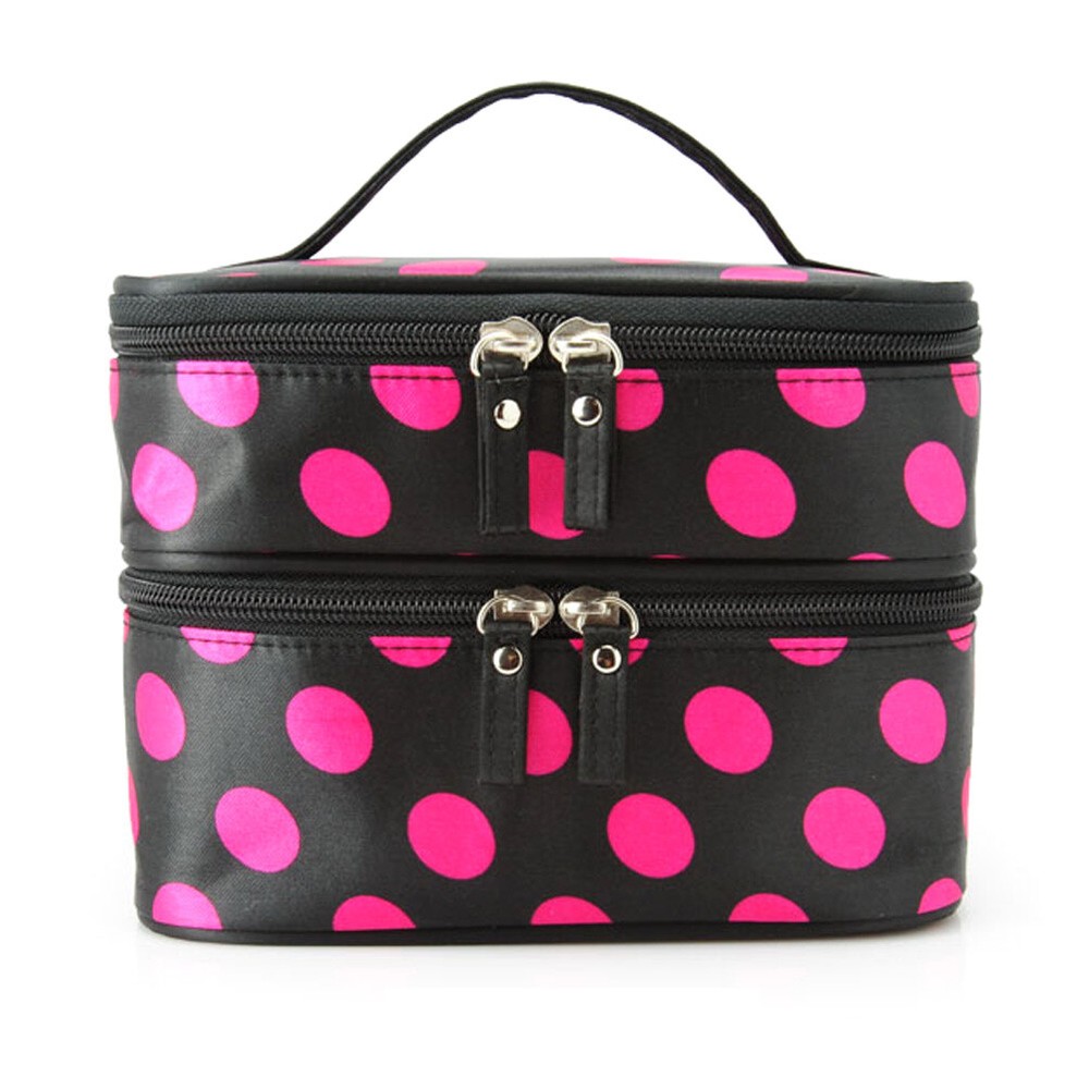 Portable Dots Pattern Womens Double Layer Dual Zipper Makeup Pouch