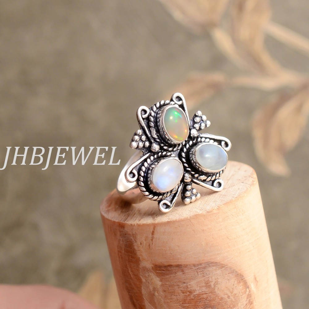 Fire Opal Moonstone Sterling Silver Ring Elegant Surprise Gift Jewelry