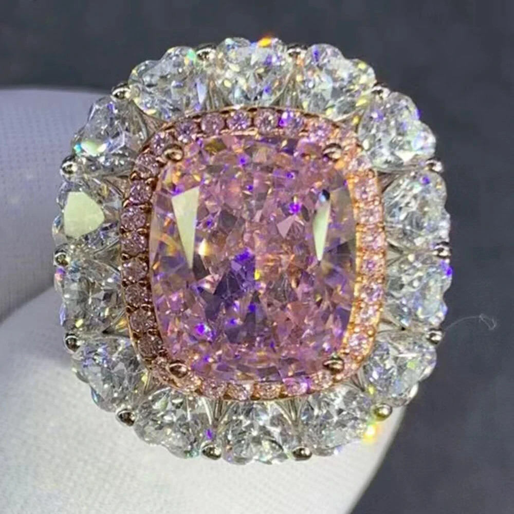 6 Carat Pink Cushion Cut Moissanite Double Halo Ring in 14K Gold