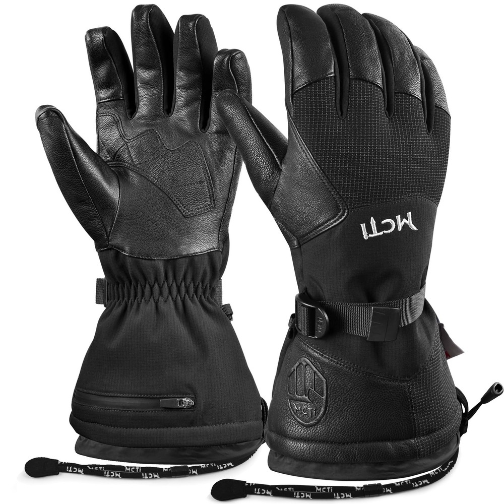 Leather Ski Gloves Men's Waterproof Touch Screen Long Gauntlet for Snowboardi...