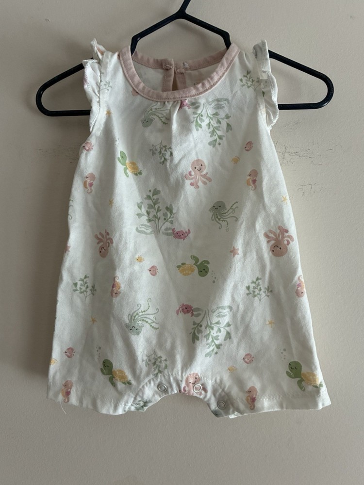 Chickpea Baby Girl Cute Sea Creatures Ruffle Cotton Sleeveless Romper Cream 0-3M