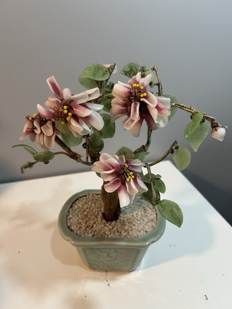 Vintage Asian Jade Pink Cherry Blossom Bonsai in Celadon Pot with Birds