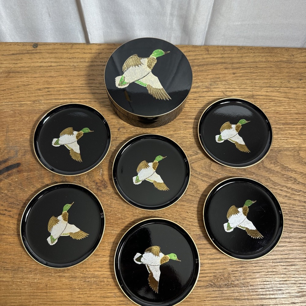 Vintage Otagiri Mallard Duck Gold Black Melamine Coasters with Case Japan Mid Century Modern