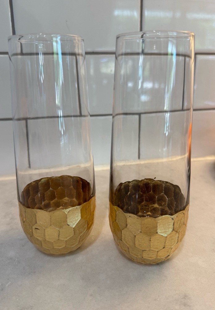 Set of 2 Modern Stemless Champagne Glasses with Hammered Brass Metal Base