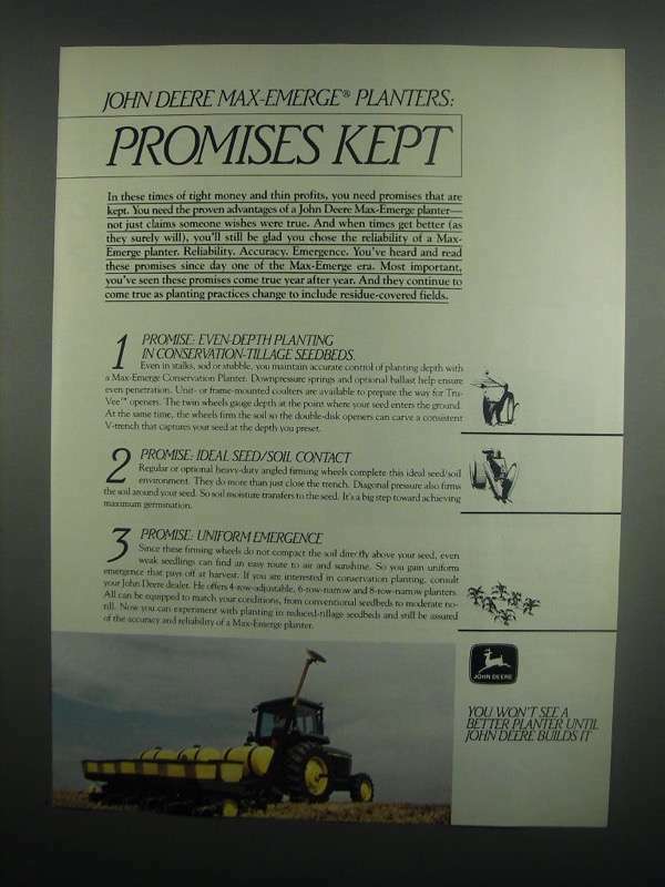 1984 John Deere Max-Emerge Planter Ad - Promises Kept