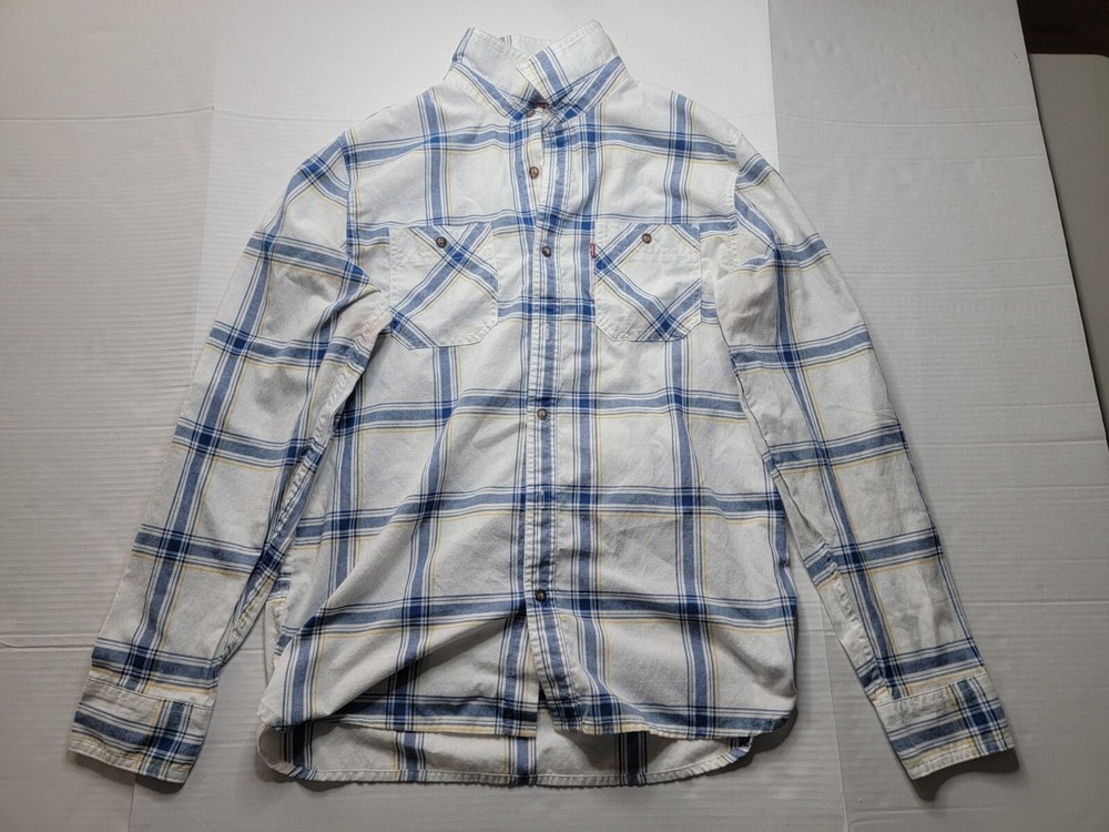 levi strauss White And Blue Casual Button Down Long Sleeve Dress Shirt Size M
