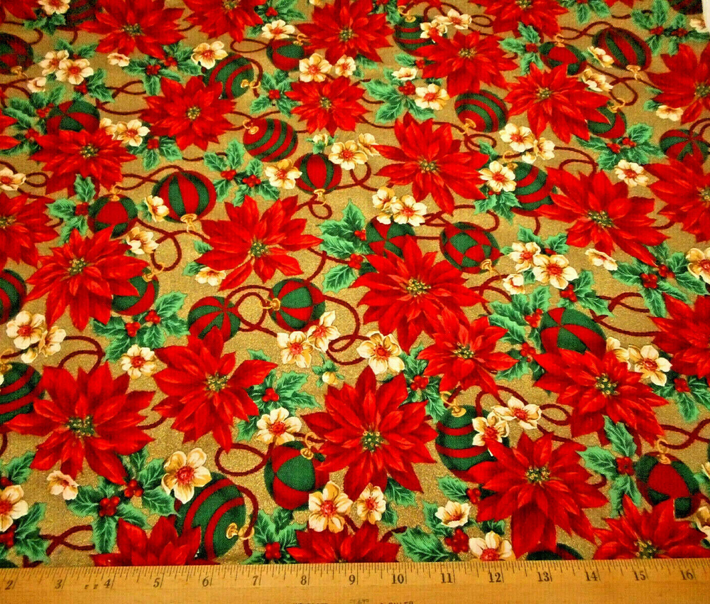 Christmas Fabric By Yard Red Poinsettias Ornaments Metallic Gold Cotton #25 Vg C