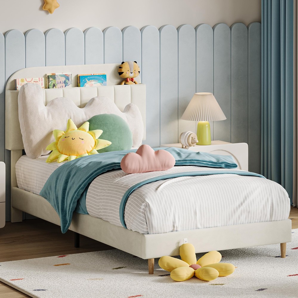 Twin Size Bed Frame Upholstered Platform with Velvet Headboard for Boy & Girl