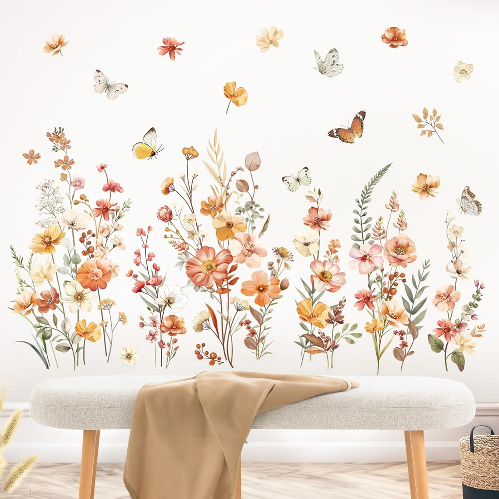 Boho Flower Wall Decals Garden Floral Butterflies Wildflower Wall Stickers Girls