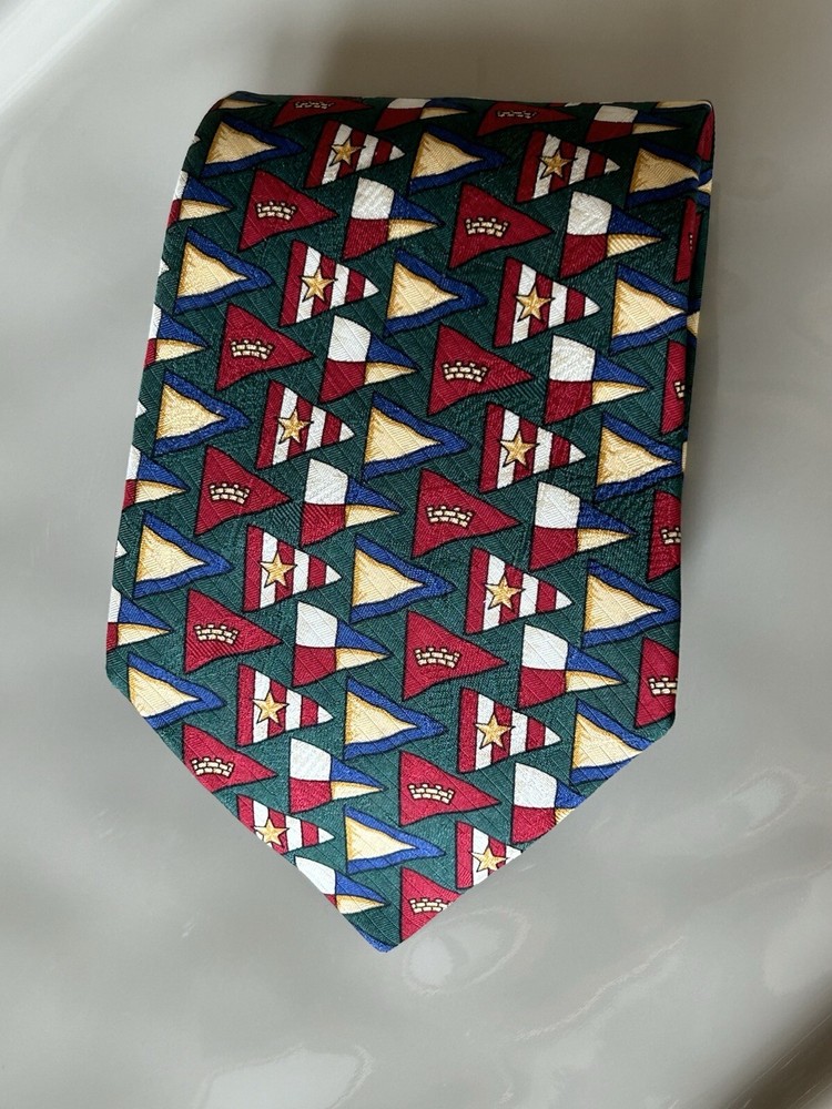 Tommy Hilfiger Nautical Flag Green Multicolor Silk Tie Y2K Style EUC Made in Italy