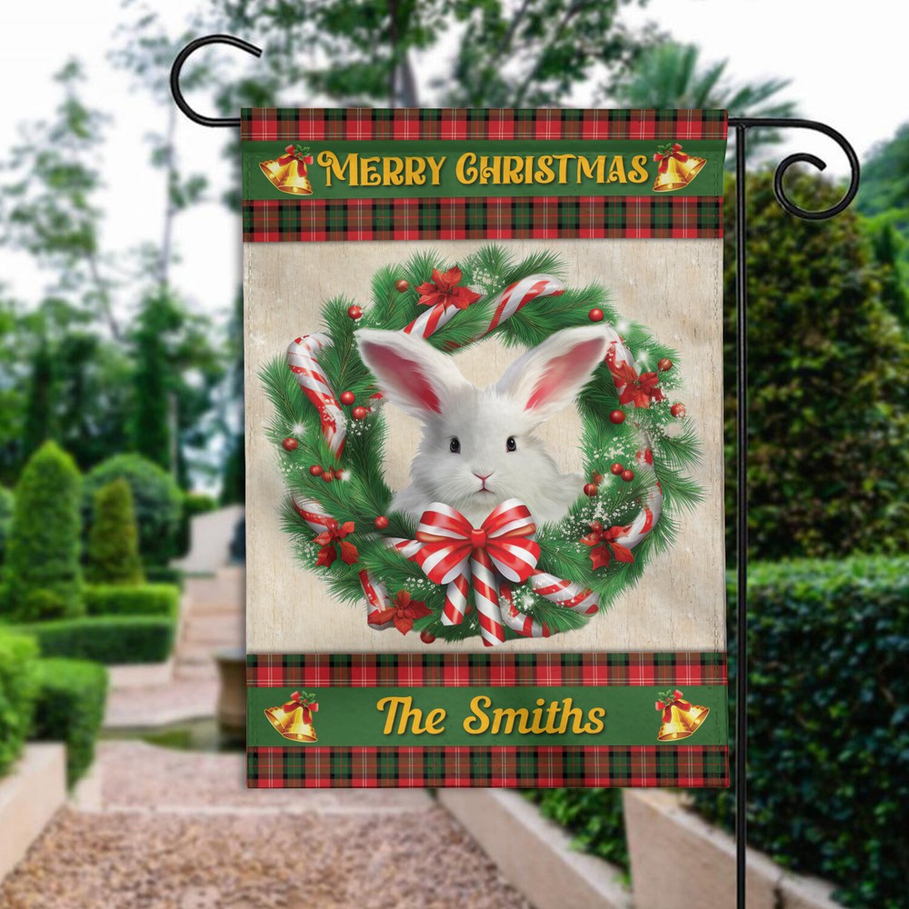 Wreath Rabbit Christmas Flag, Rabbit Lovers Merry Christmas Flag, Funny Rabbit