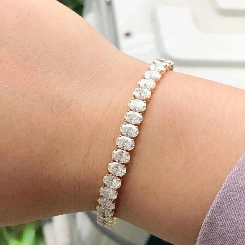 Sparkling 14k Yellow Gold Diamond Bracelet E F VVS2 Lab Grown 14 Carat Oval Cut