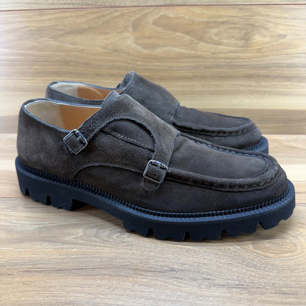 ELEVENTY Mens Double Monk Strap Dress Shoes 12 Moc Toe Brown Suede Lite Soles-image