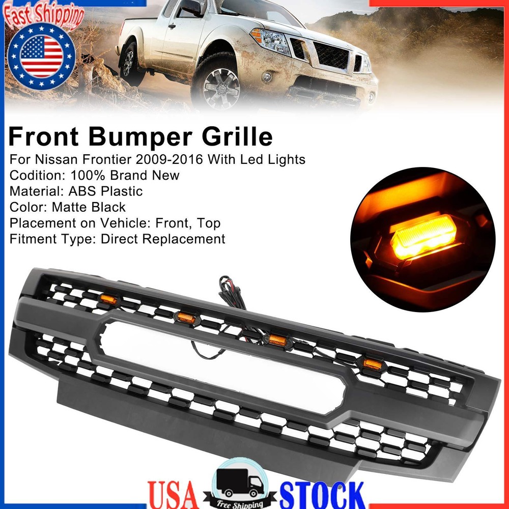 Black Front Bumper Grille Grill Fit Nissan Frontier 2009-2019 W/ Led Lights US