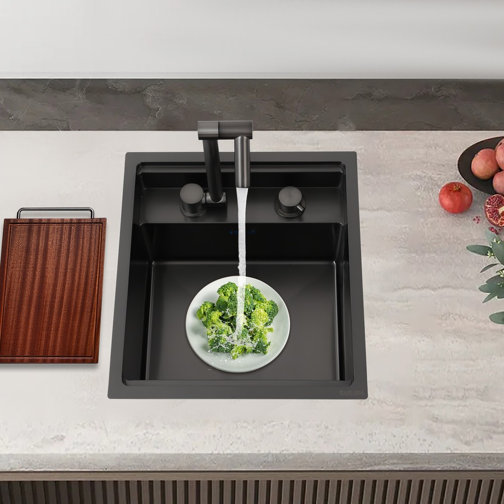 Hidden Kitchen Square Single Bowl Stainless Steel Sink with Folding Faucet