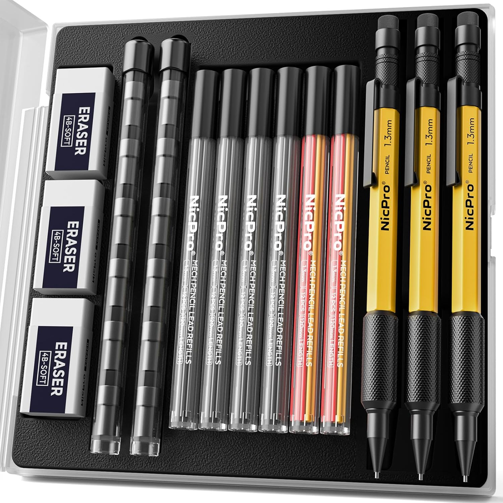 Nicpro 3 PCS 1.3 Mm Mechanical Pencil Set with 72 Lead Refills, 3 Eraser