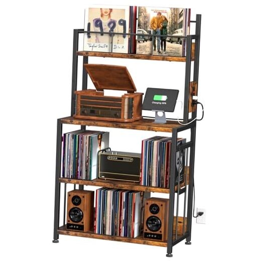 Record Player Stand with Vinyl Storage, Turntable Stand Holds Up to 300 Brown