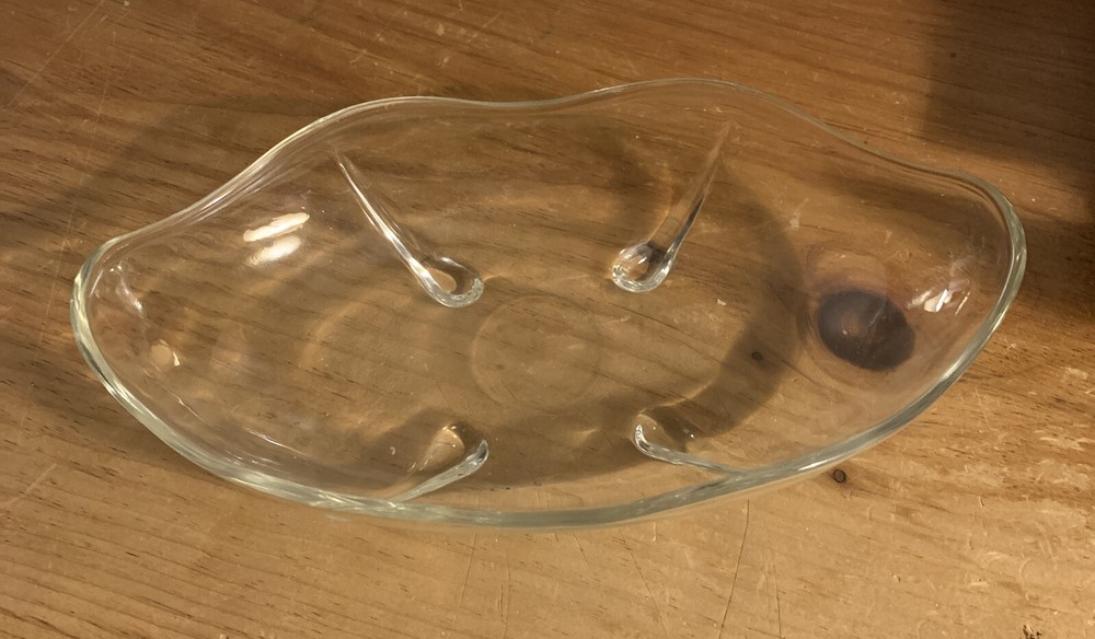 Vintage Anchor Hocking Swedish Modern Clear Glass Relish Bowl with Teardrop Foot