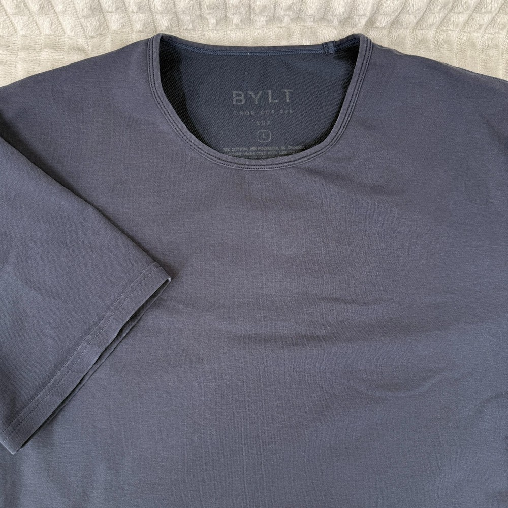 BYLT Shirt Men's Large Blue Drop Cut Lux Performance Stretch Curved Hem Athletic