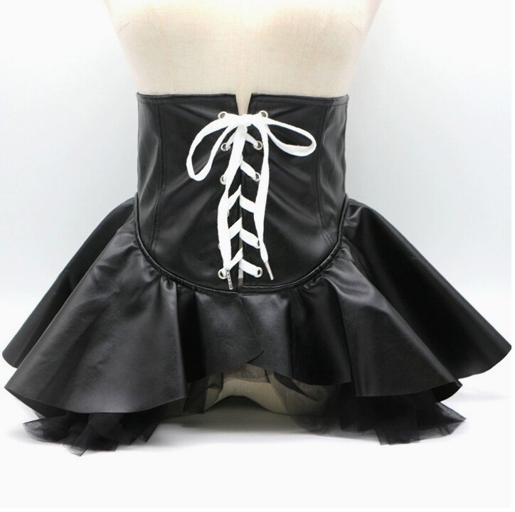 Faux Leather Mesh Ruffle Corset Skirt for Girls Goth Punk Princess Wrap Retro Lady