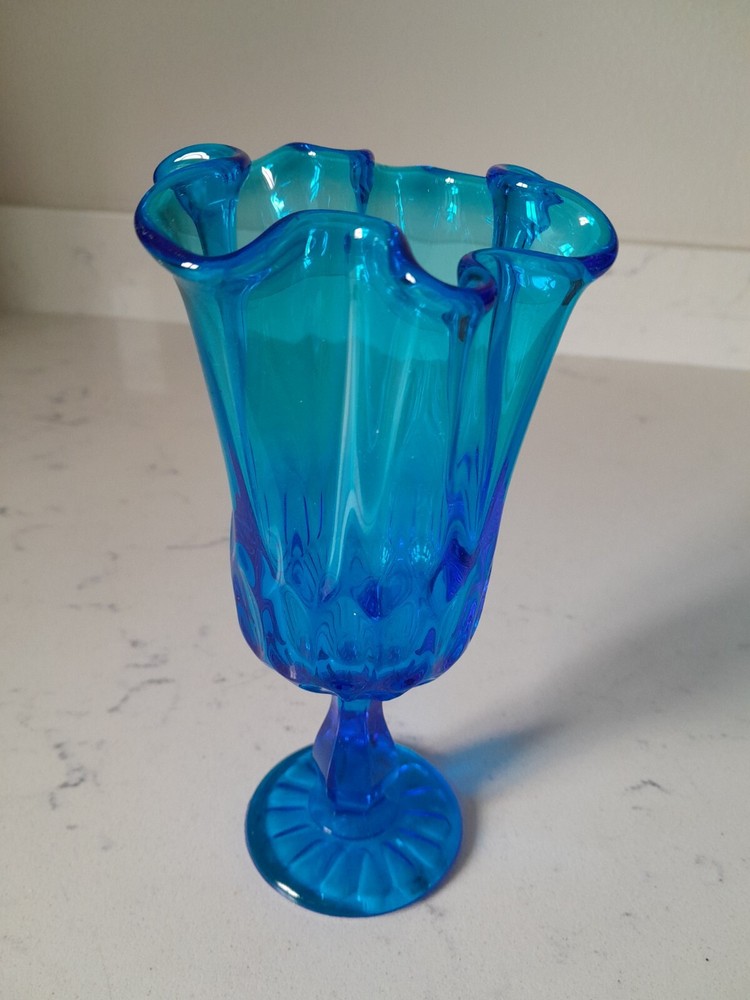 Vintage Fenton Colonial Blue Swung Stretch Pedestal Vase 6.5 Inch