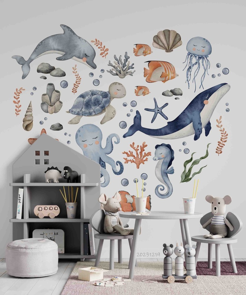 3D Marine Life Dolphin Whale Kids Wall Murals Wallpaper Murals Wall Sticker