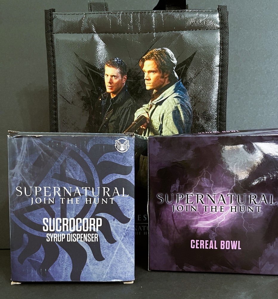 3 pc SUPERNATURAL Lot SUCROCORP SYRUP DISPENSER, CEREAL BOWL, & INSULATED BAG