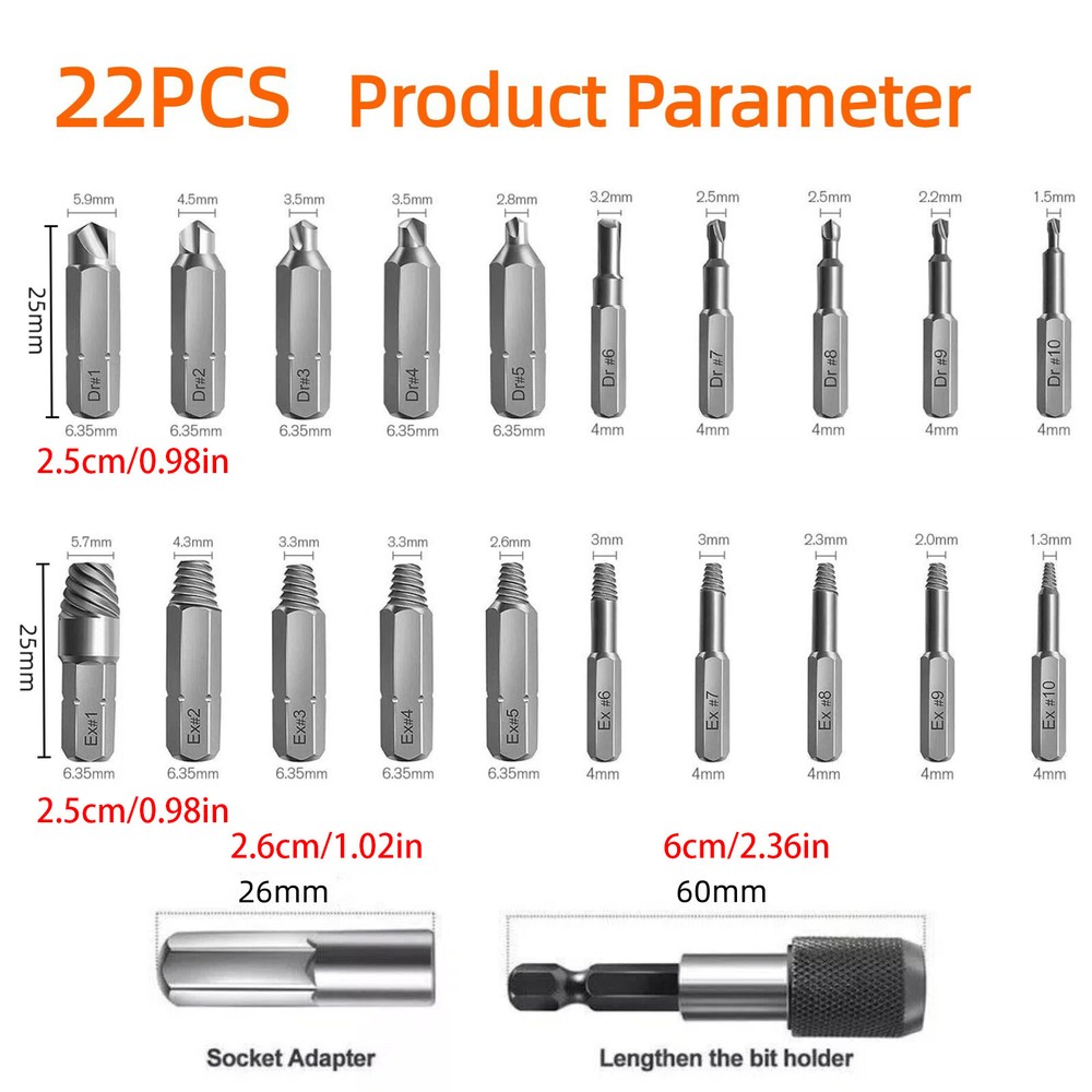 Broken Screw Extractor Remover Set Easy Out Damaged Stripped Drill Bits 22x