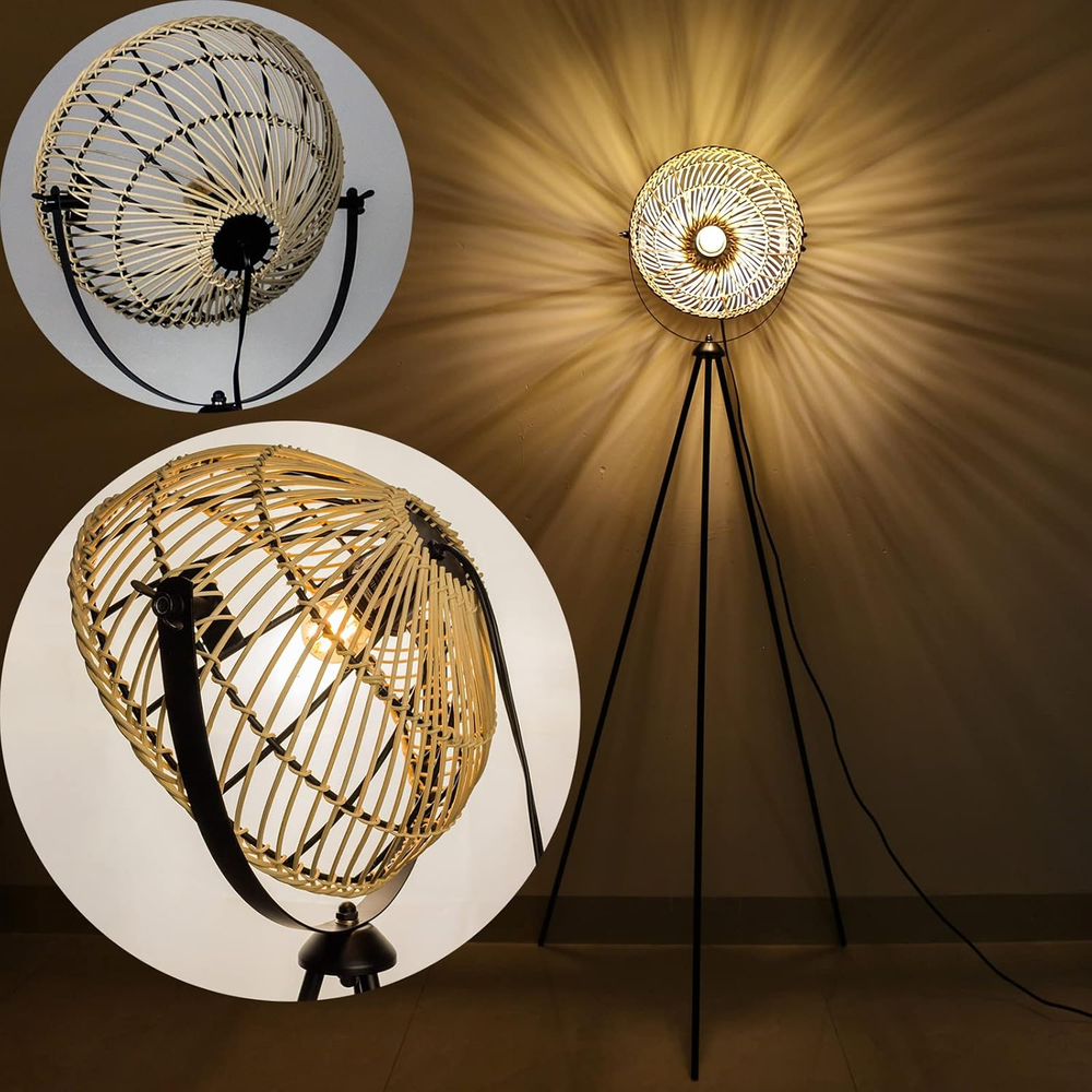 Tripod Lamp Rattan Wicker Floor Lamp Boho Tripod Floor Lamps for Living Room, Mi