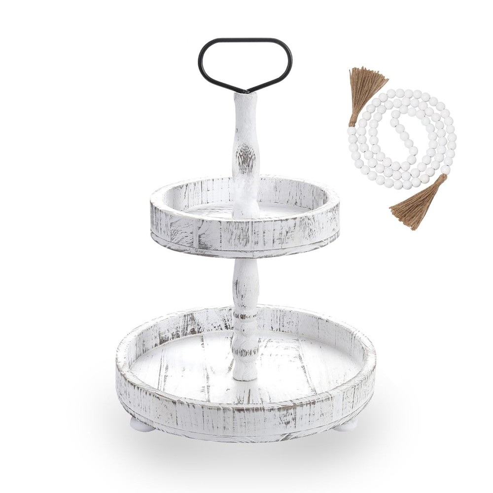 Tiered Tray Stand, 2 Tiered Tray Decor with Wooden Beads Garland, Farmhouse D...