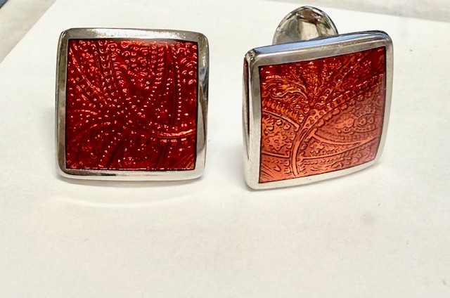 David Donahue Cufflinks 925 Sterling Silver & Rust Color Enamel Paisley Design
