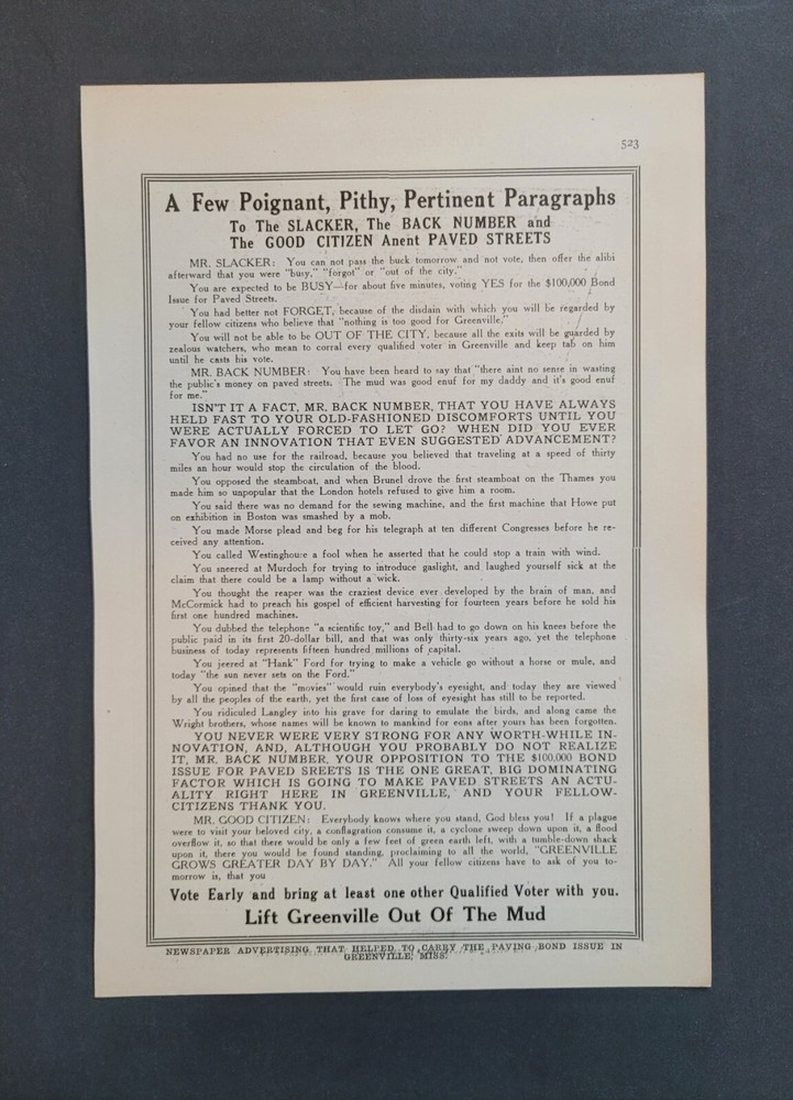 1920 Greenville Mississippi $100,000 Paving Bond Political Voting Article
