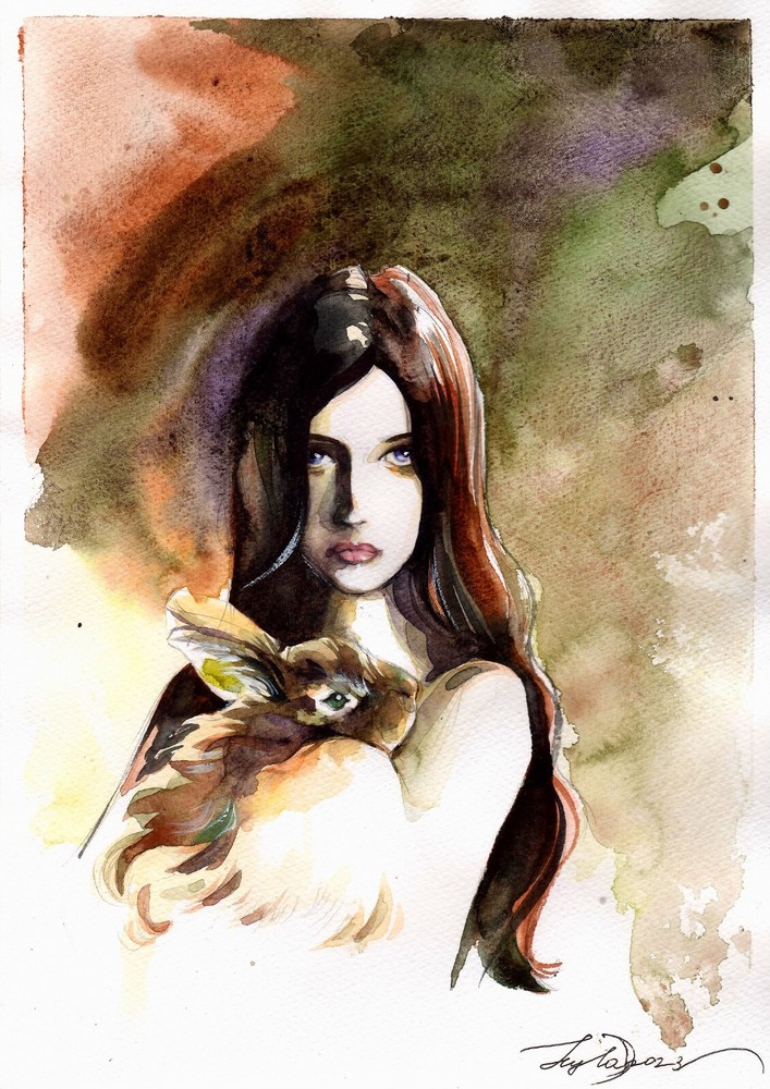 Original Watercolor Painting Vintage Young Woman Portrait Handpainted Wall Art