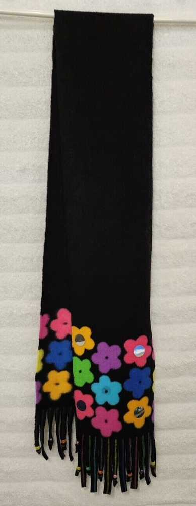 Girls Black w/ Colorful Flowers Fleece SCARF Sequins Fringe 58” L x 6 1/4” W