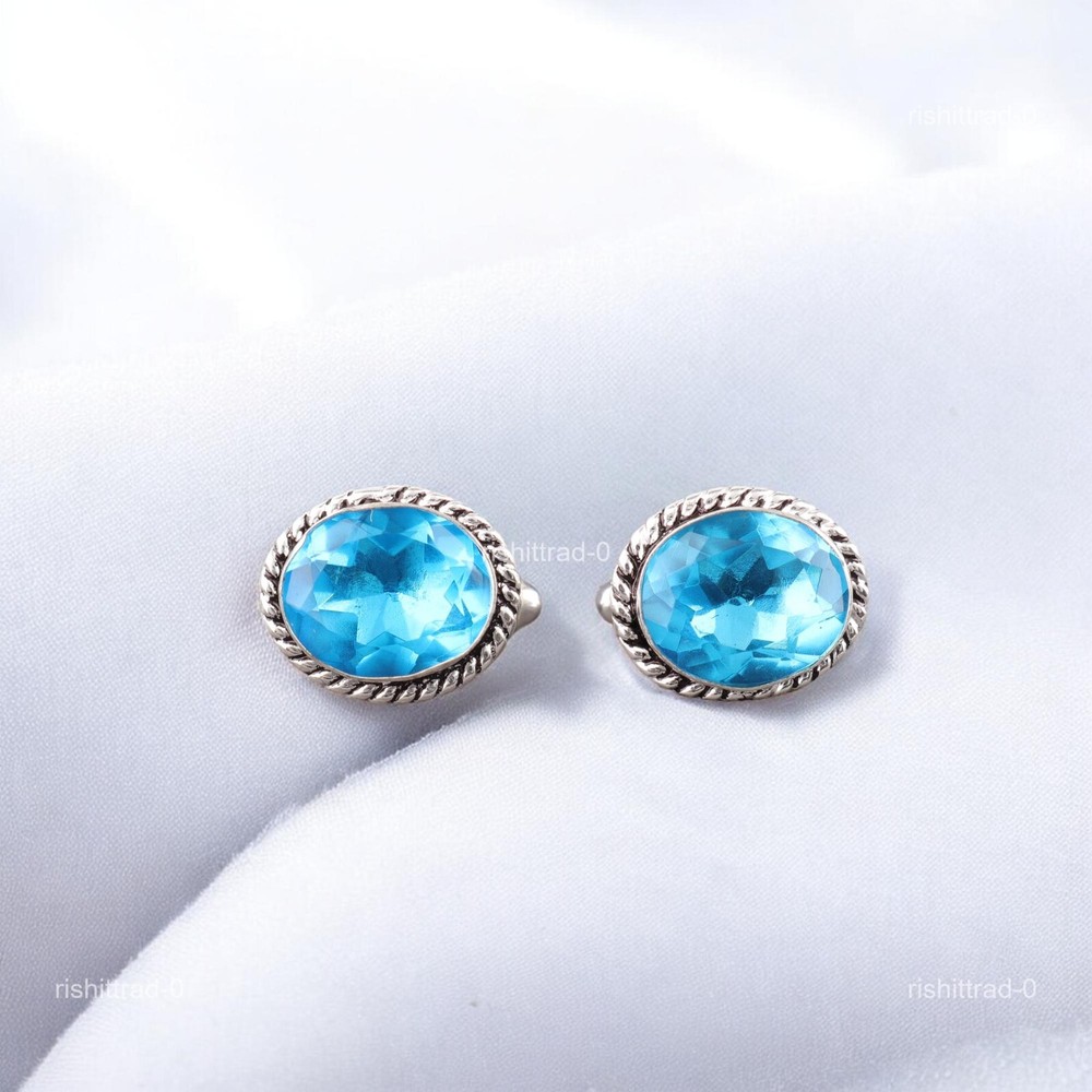 Swiss Blue Topaz Gemstone 925 Sterling Silver Cyber Monday Gift Grooms Cufflinks-image