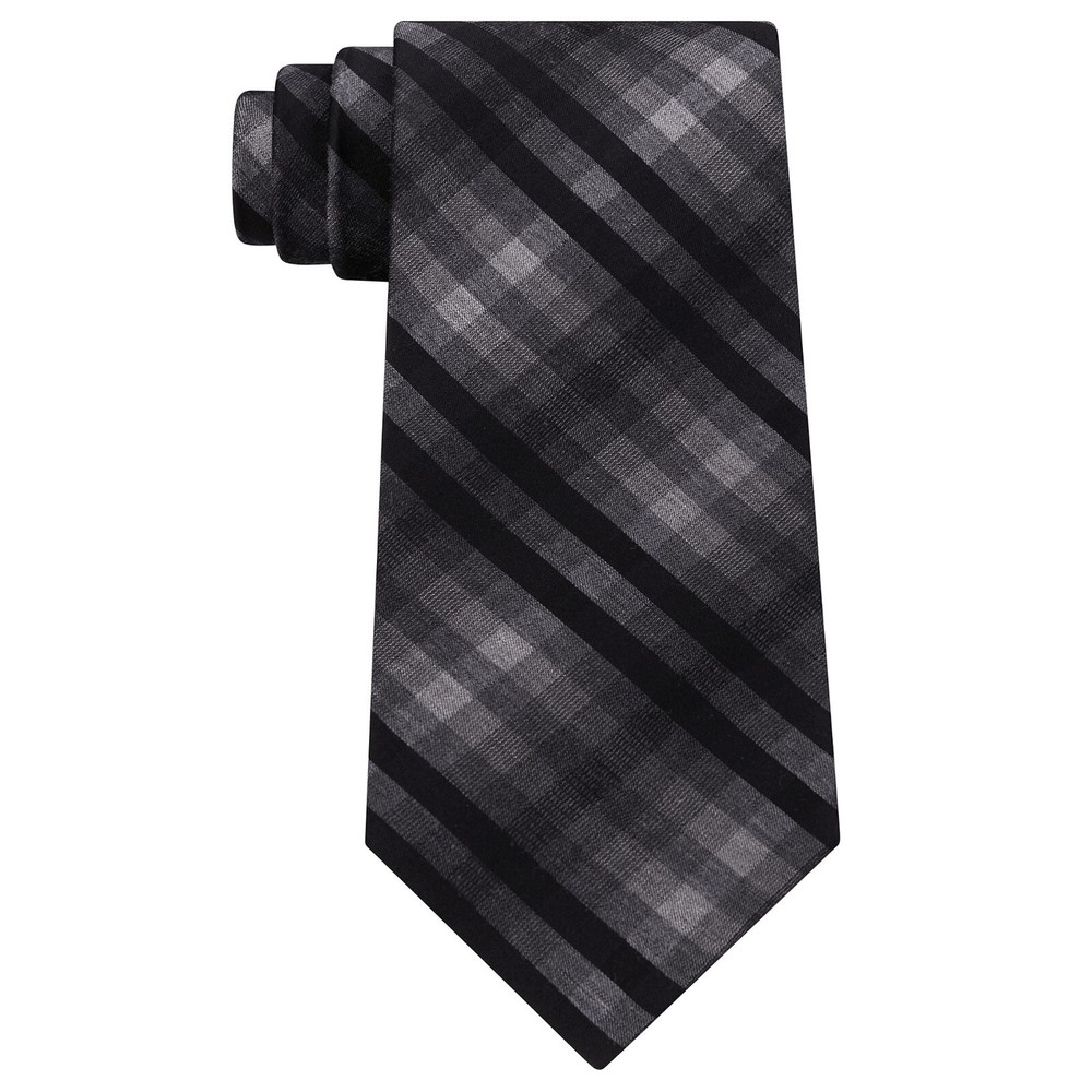 KENNETH COLE REACTION Black Gray Heather Ombre Check Silk Blend Slim Tie  