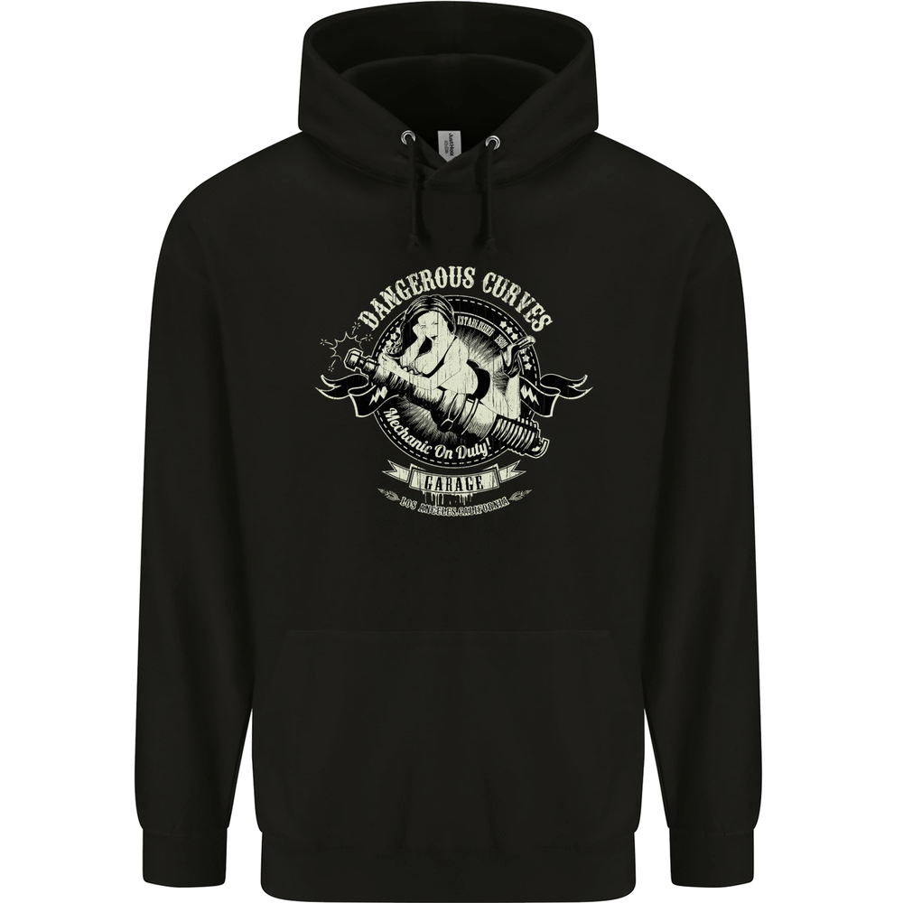 Dangerous Curves Mechanic on Duty Biker Mens 80% Cotton Hoodie