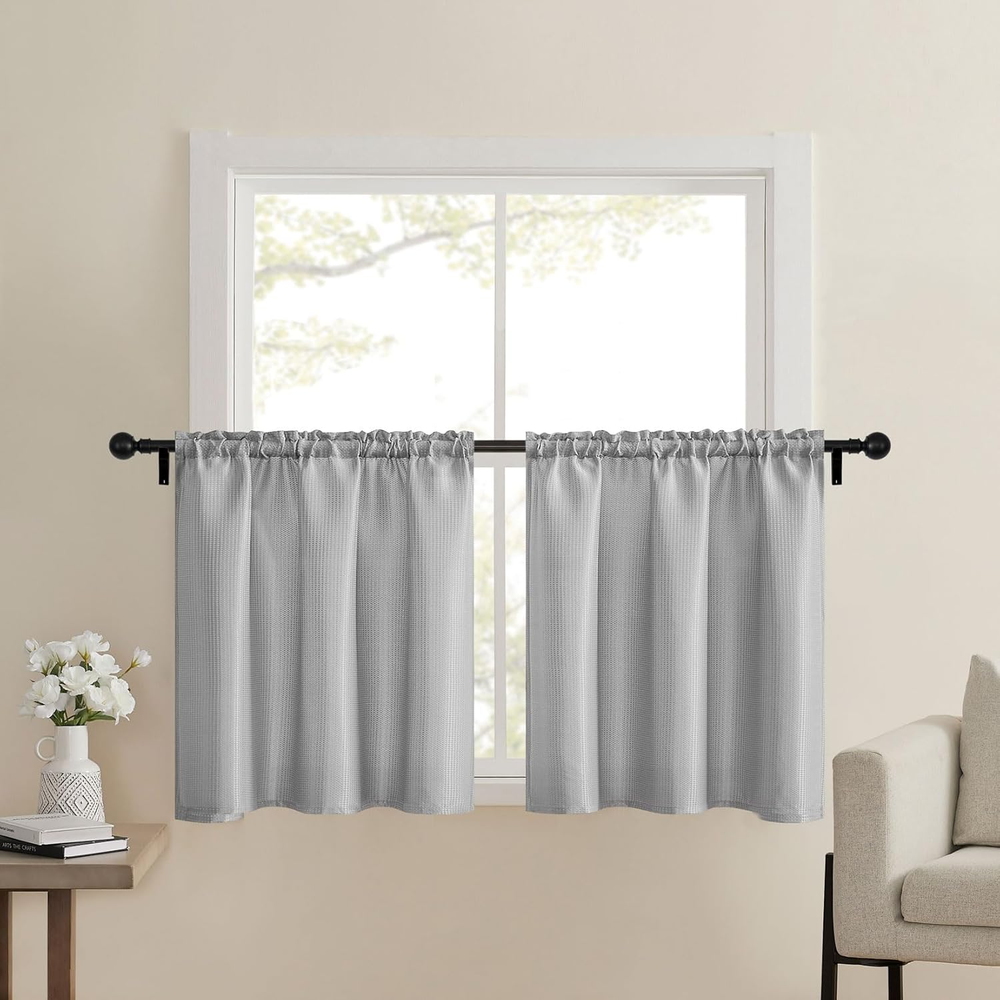 Grey Waffle Weave 24x24 Water Repellent Bathroom Kitchen Curtain with Rod Pocket