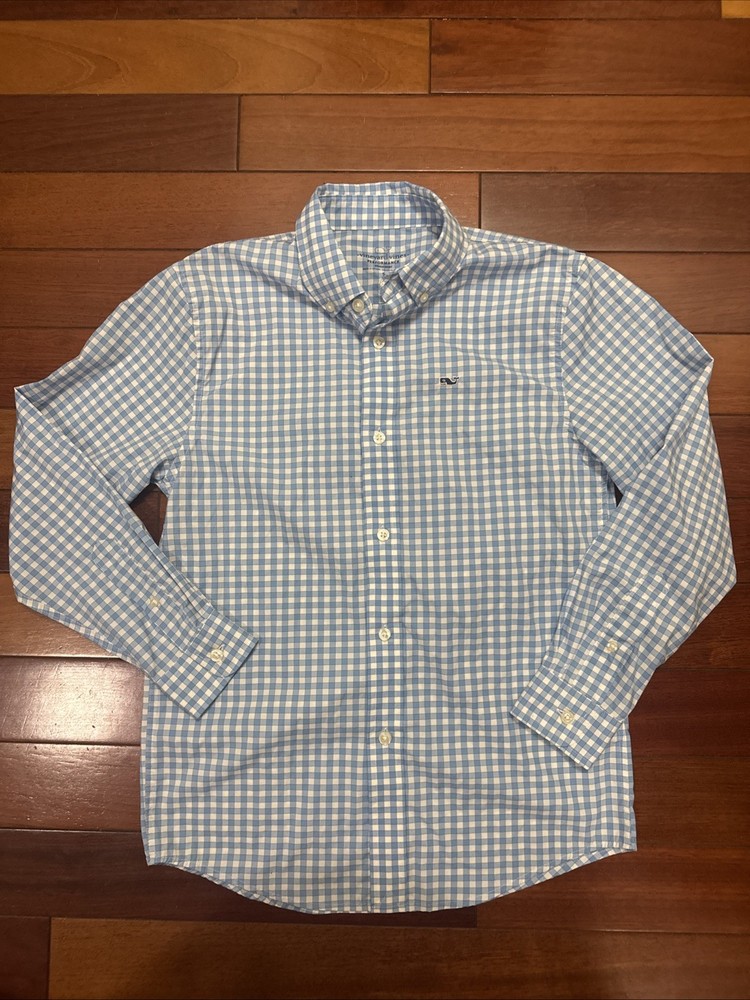 Vineyard Vines Shirt Small 8-10 Blue Youth Plaid Button Down Long Sleeves