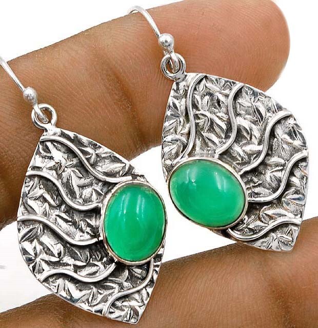 Natural Green Onyx Brazil 925 Solid Sterling Silver Earrings @B7-1