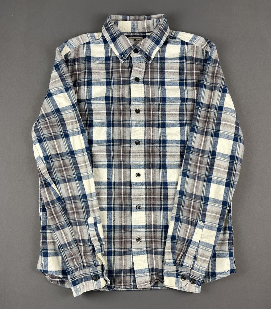 LL Bean Mens Medium Slim Fit Flannel Shirt - Blue Gray Brown Plaid Cotton Outdoors