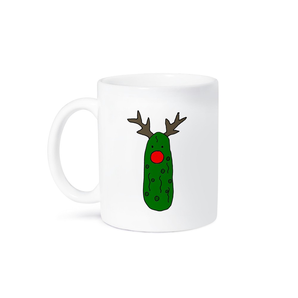 Funny Rudolph Reindeer Pickle Mug with Red Nose and Antlers