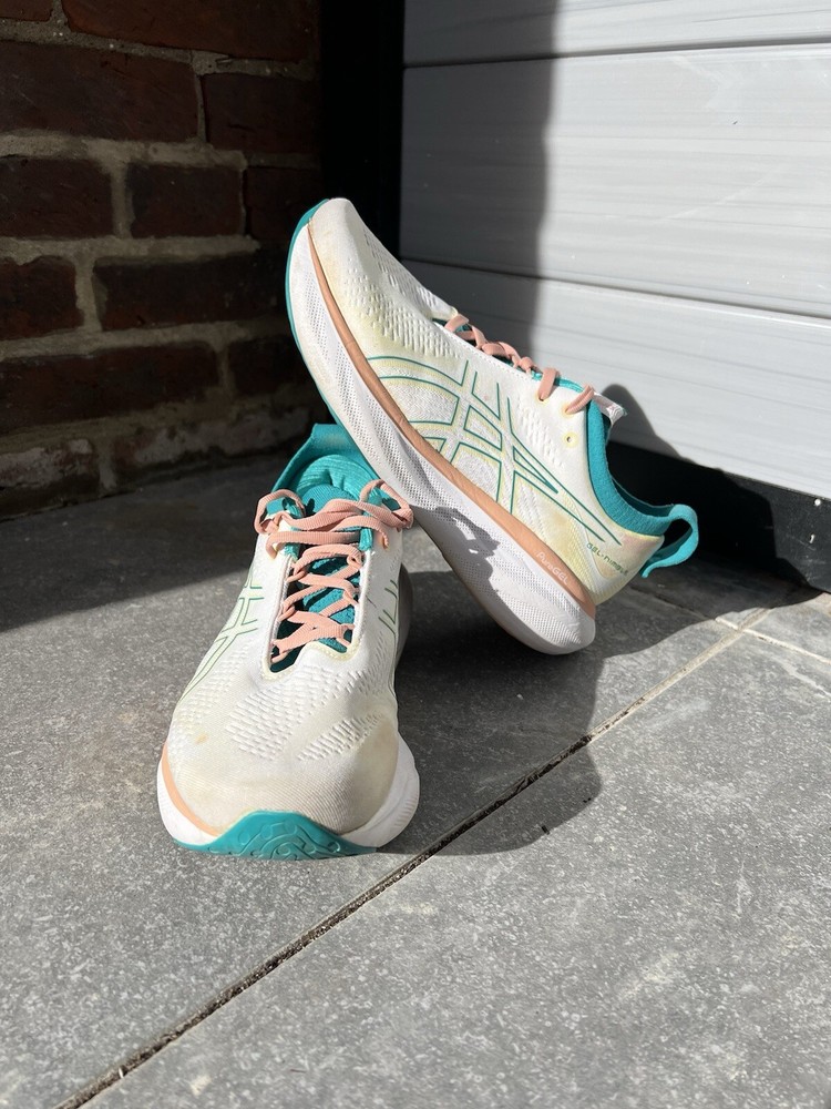 Asics Womens Gel-Nimbus 25 White Coral Teal Running Shoes Size 8.5 B 1012B550