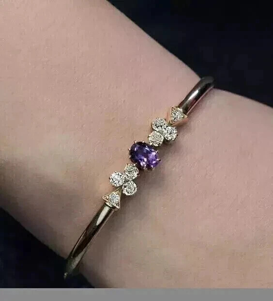 2Ct Oval Lab-Created Amethyst 14k Gold Plated Women's Bangle Bracelet 7 Inch