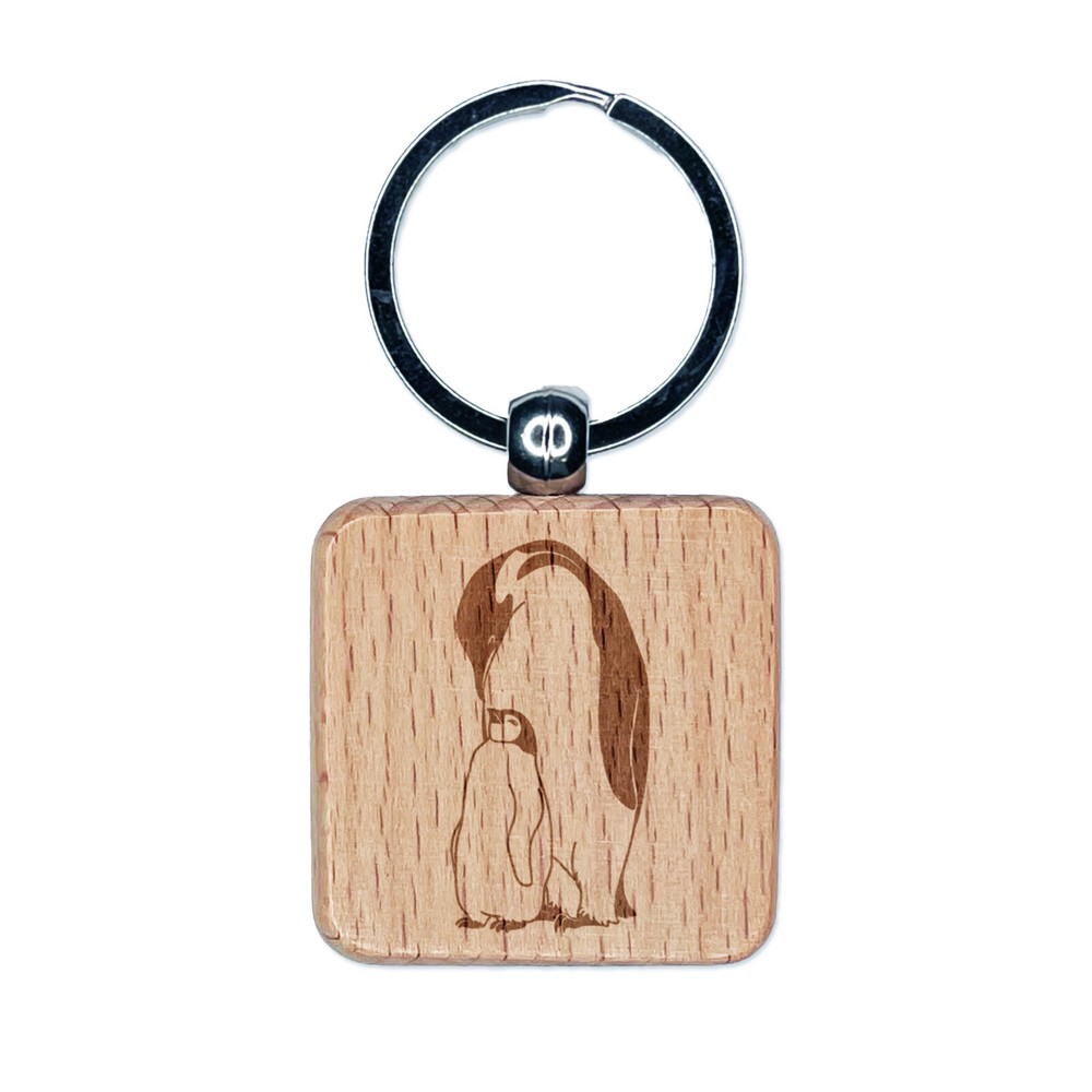 Emperor Penguin Parent and Baby Engraved Wood Square Keychain Tag Charm