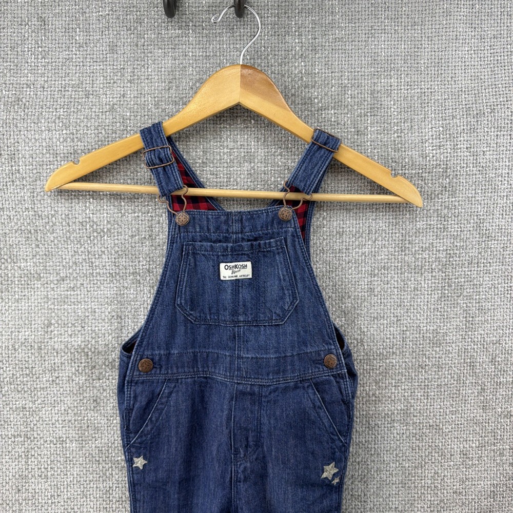 OshKosh B'Gosh Denim Flannel Lined Girls 4T Overalls Vestbak Embroidered Stars