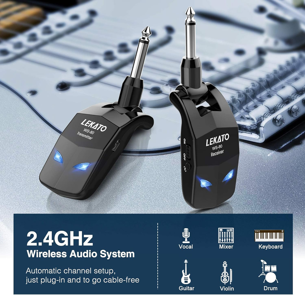 LEKATO 2.4Ghz Wireless Guitar System Wireless Guitar Transmitter Receiver with 4
