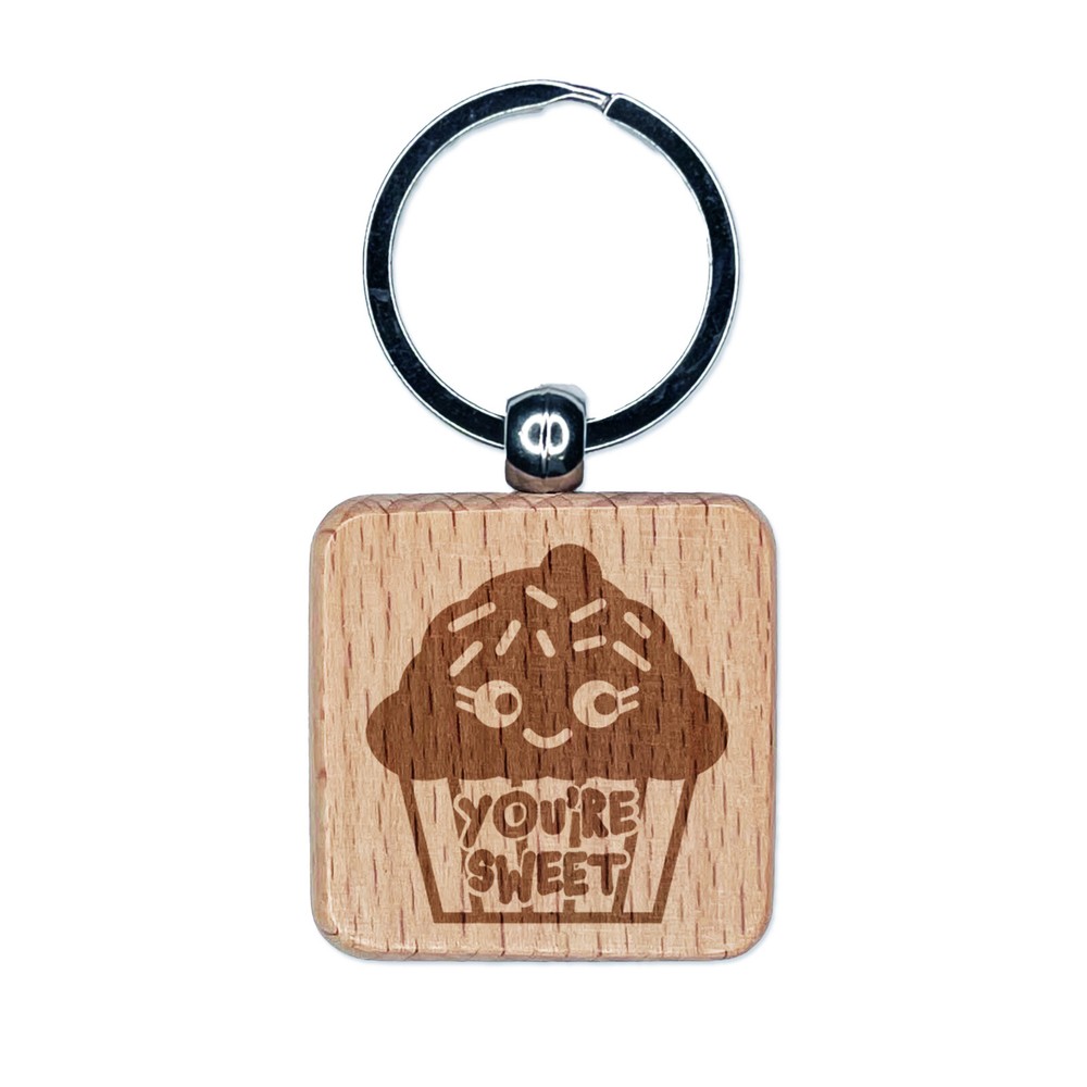 You're Sweet Kawaii Cupcake Engraved Wood Square Keychain Tag Charm
